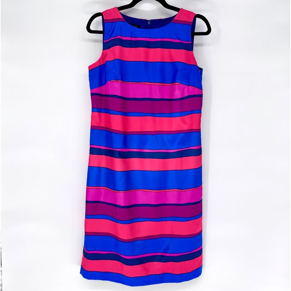 Talbots Sleeveless Shift Dress Size 8 Blue Pink Stripe Midi Sheath